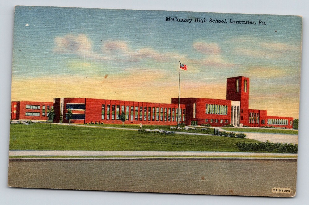 Lancaster Pennsylvania~McCaskey High School~St View~Flag~Art Deco~Linen Postcard