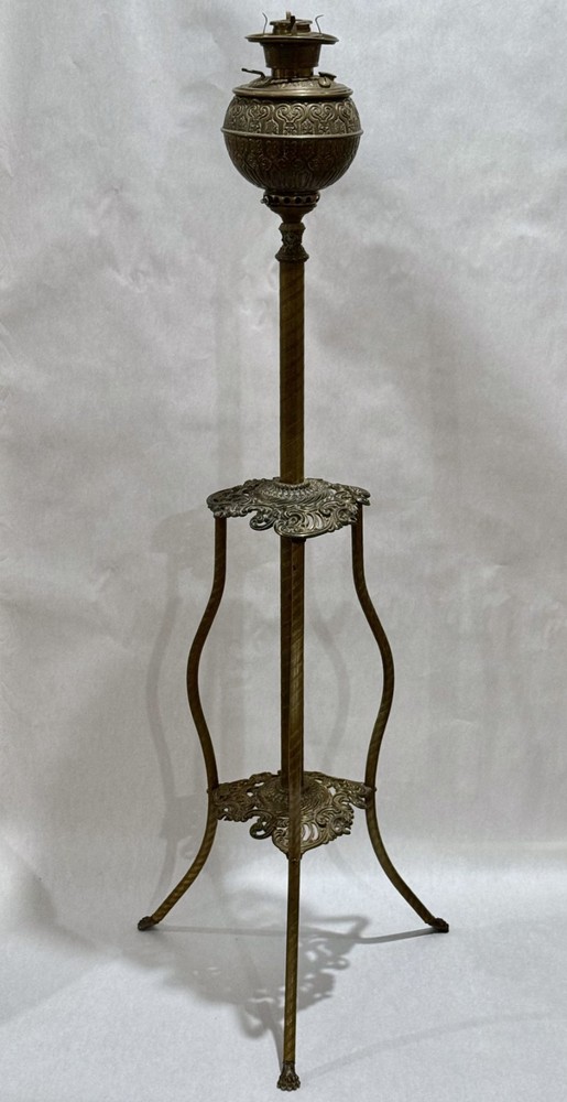 Antique Brass Victorian Tripod Floor Oil Lamp - SOLD AS-IS FOR PARTS & REPAIR
