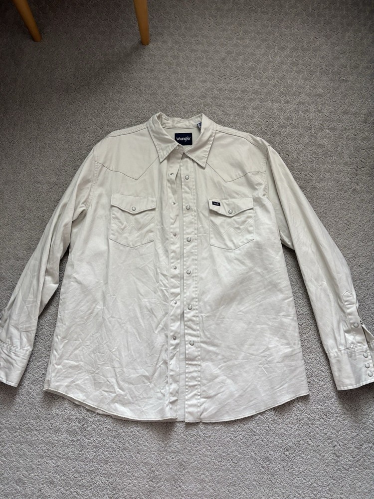 Wrangler Western Snap Button-Up Shirt Men's XL Beige Cotton Twill Solid Pockets