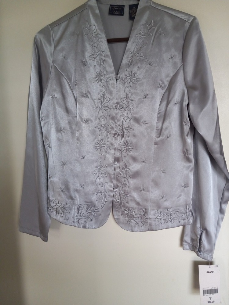 Laura Scott shirt size 8 Gray embroidered long sleeve women's  NEW