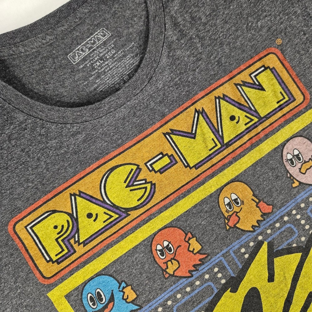 Pac-Man Mens 2XL T-Shirt Charcoal Grey Heather Arcade Retro Graphic Tee Bandai