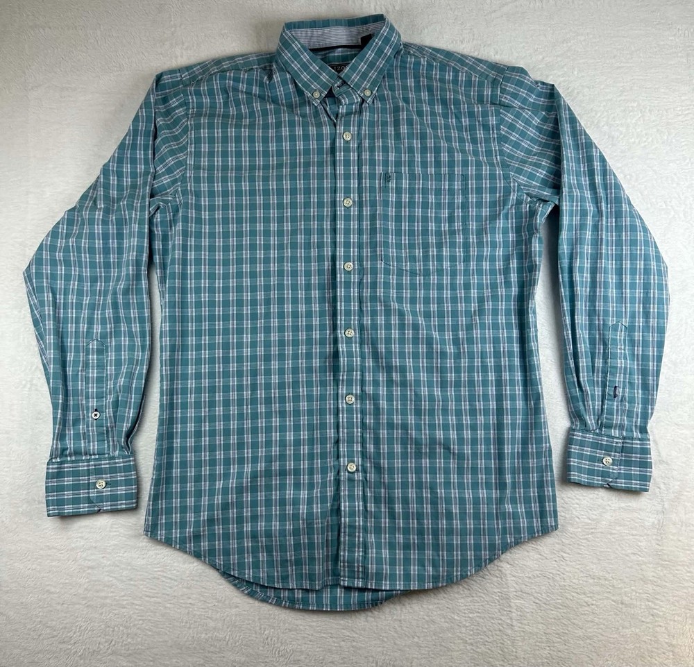 IZOD Men's Medium M Plaid Button Down Shirt Long Sleeve Performance Teal Blue
