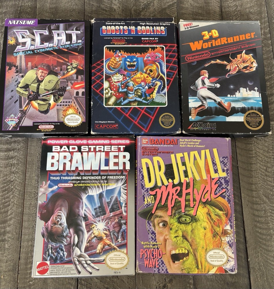 NES 5 Game Lot - S.C.A.T., Ghosts n Goblins, Dr. Jekyll, 3-D World, Bad Street