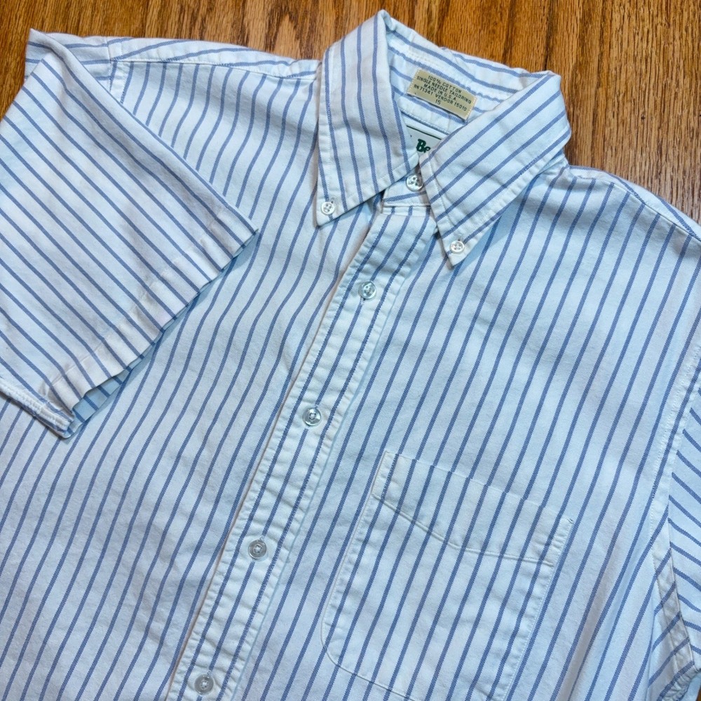 LL Bean Button Down Shirt Mens 15 White Blue Striped Short Sleeve USA Vintage