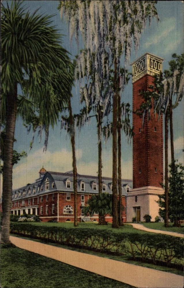 Chaudoin Hall Hulley Tower Stetson University Deland Florida ~ linen postcard