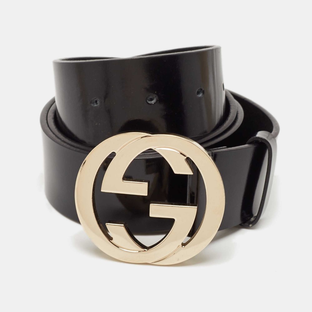 Gucci Black Patent Leather Interlocking G Buckle Belt 95CM  