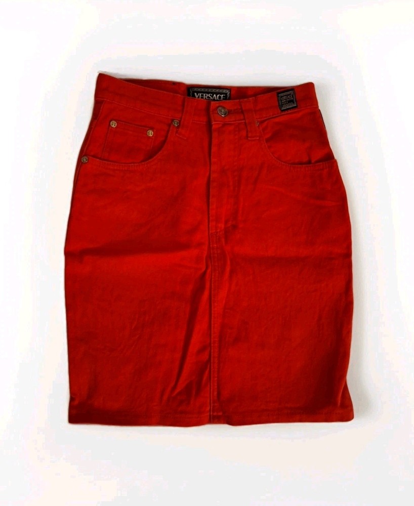 RARE VTG Versace Jeans Couture Red Denim Pencil Skirt Knee Length Y2k Size Small