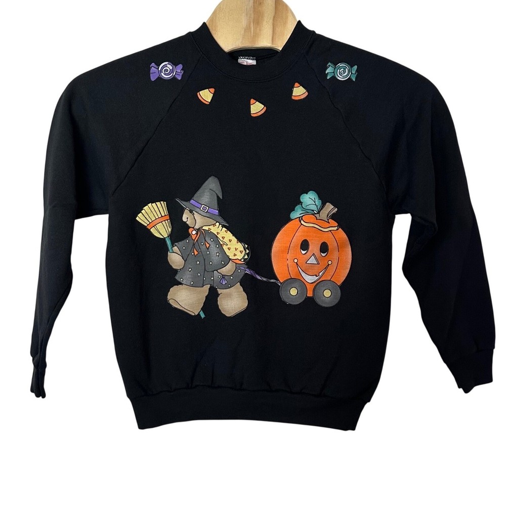 Halloween Vintage 90s Fruit of the Loom Crewneck Sweatshirt Size L Witch Pumpkin