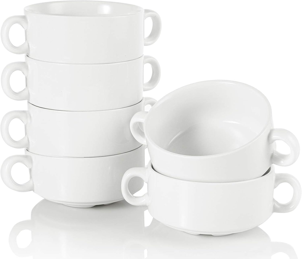 Porcelain Bowls with Double Handles 10 Ounce White French Onion Soup Crocks roun