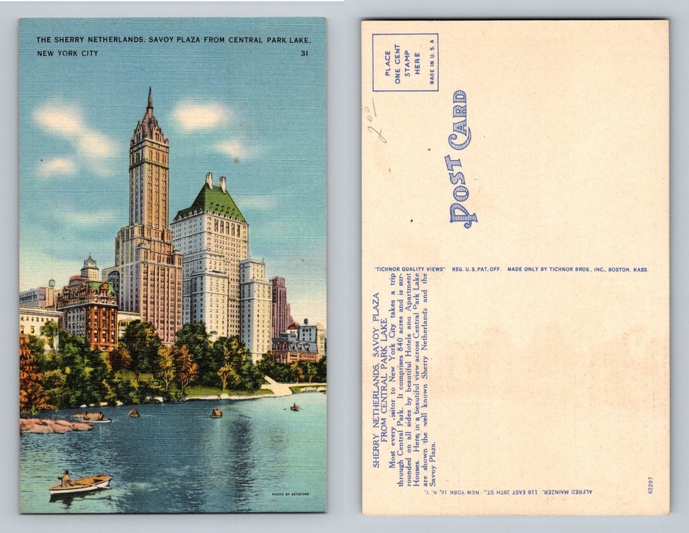 New York City NY, Sherry Netherlands Savoy Plaza Park Lake Vintage Postcard