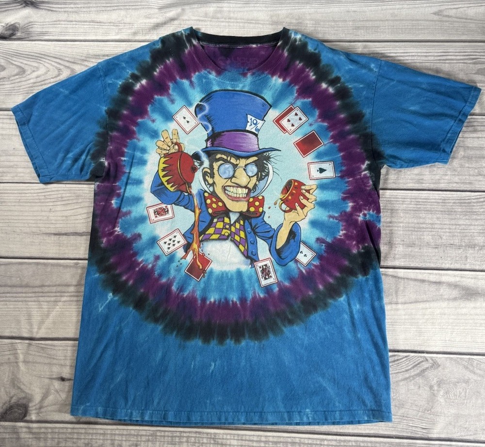 Vintage 2003 Liquid Blue Alice In Wonderland Mad Hatter Tie Dye T-Shirt Size 2xl