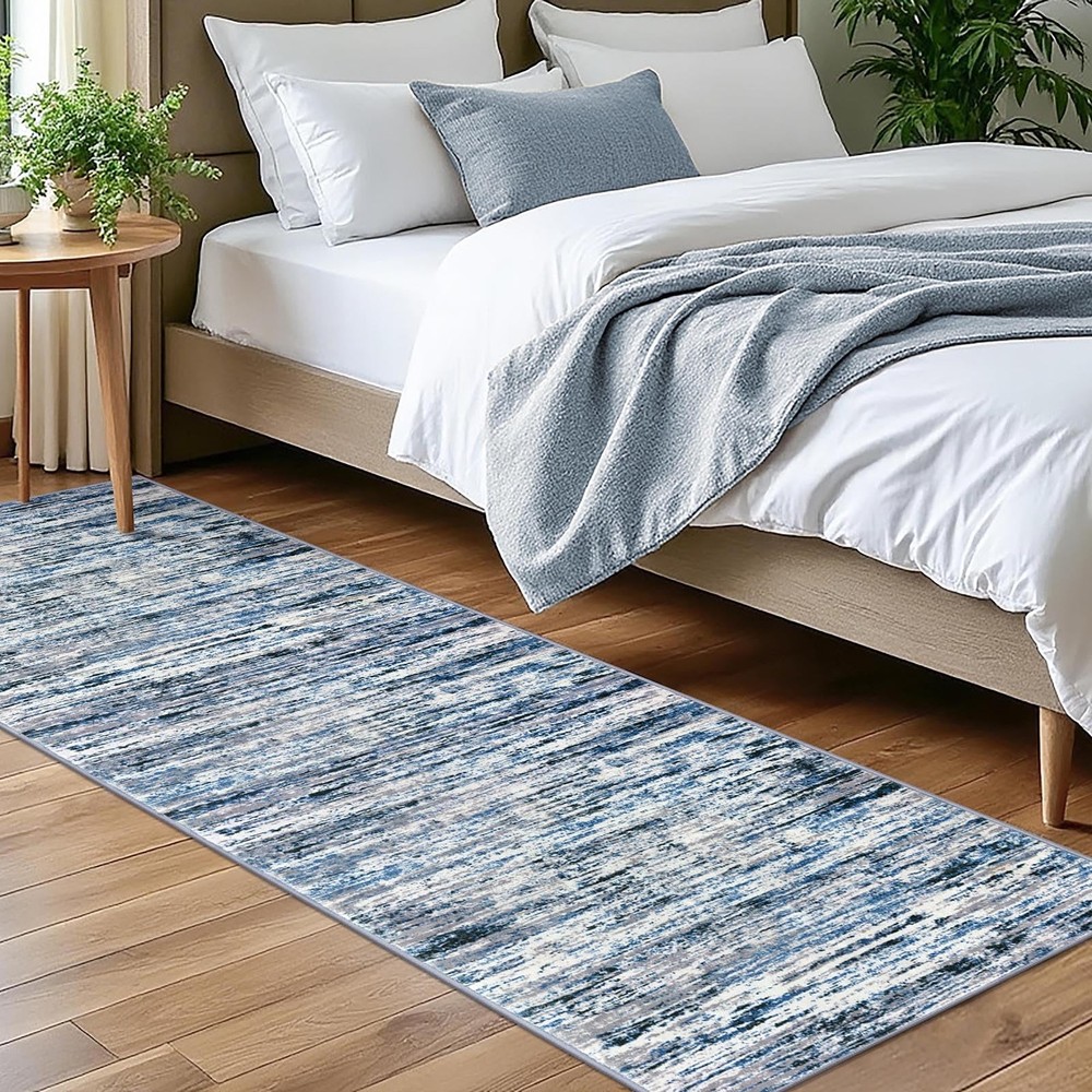Modern Abstract Bedroom Runner Rug 2x7, Grey Blue White Washable Kitchen Runn...