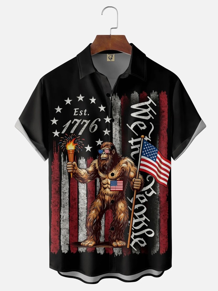 American Flag Independence Day Bigfoot Chest Pocket Holiday Hawaiian Shirt