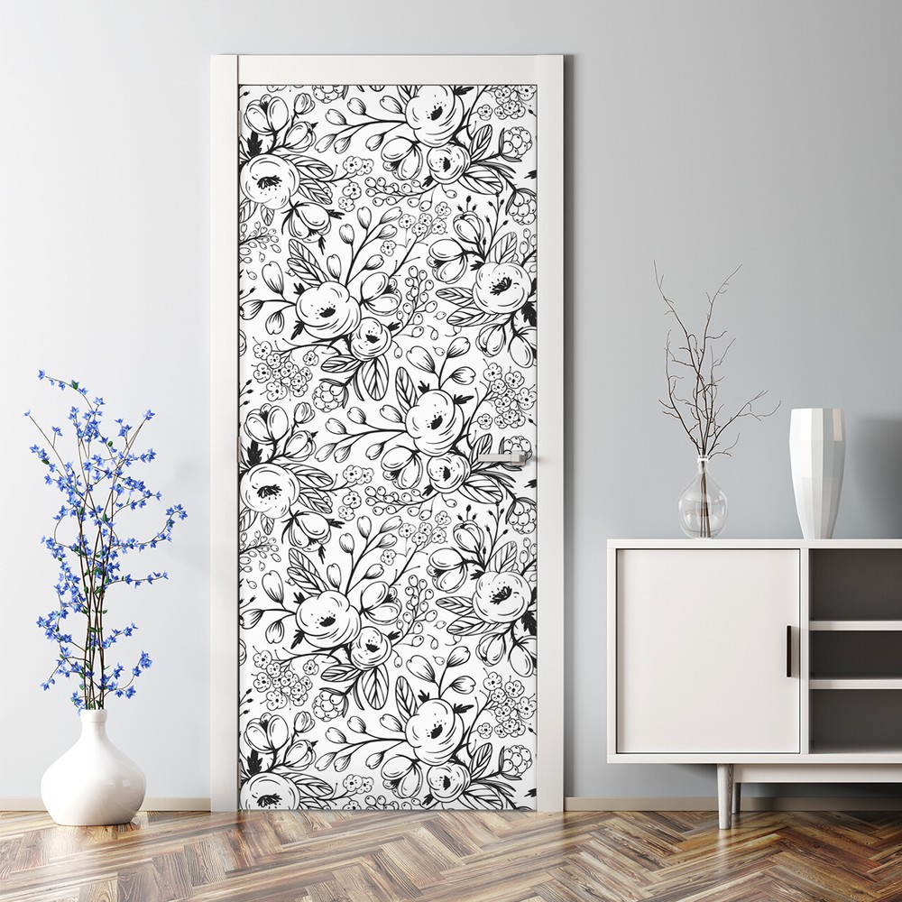 Floral Nursery Decal Bubble-Free Door Sticker Spring Meadow Doodle Art for Kids