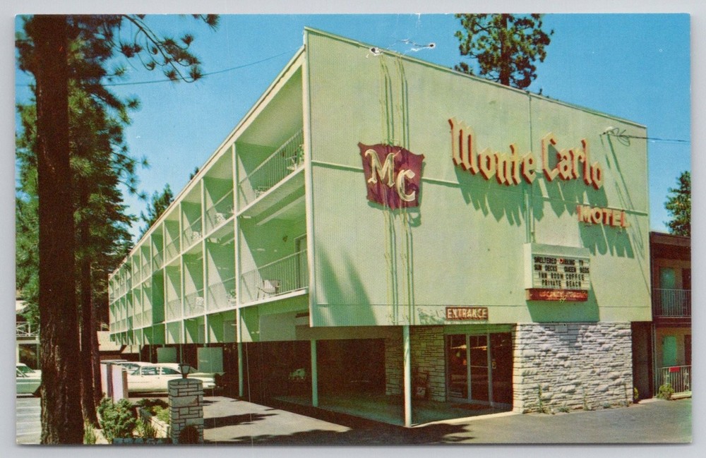 Vintage Monte Carlo Motel Lake Tahoe Stateline CA Postcard Mid-Century Modern