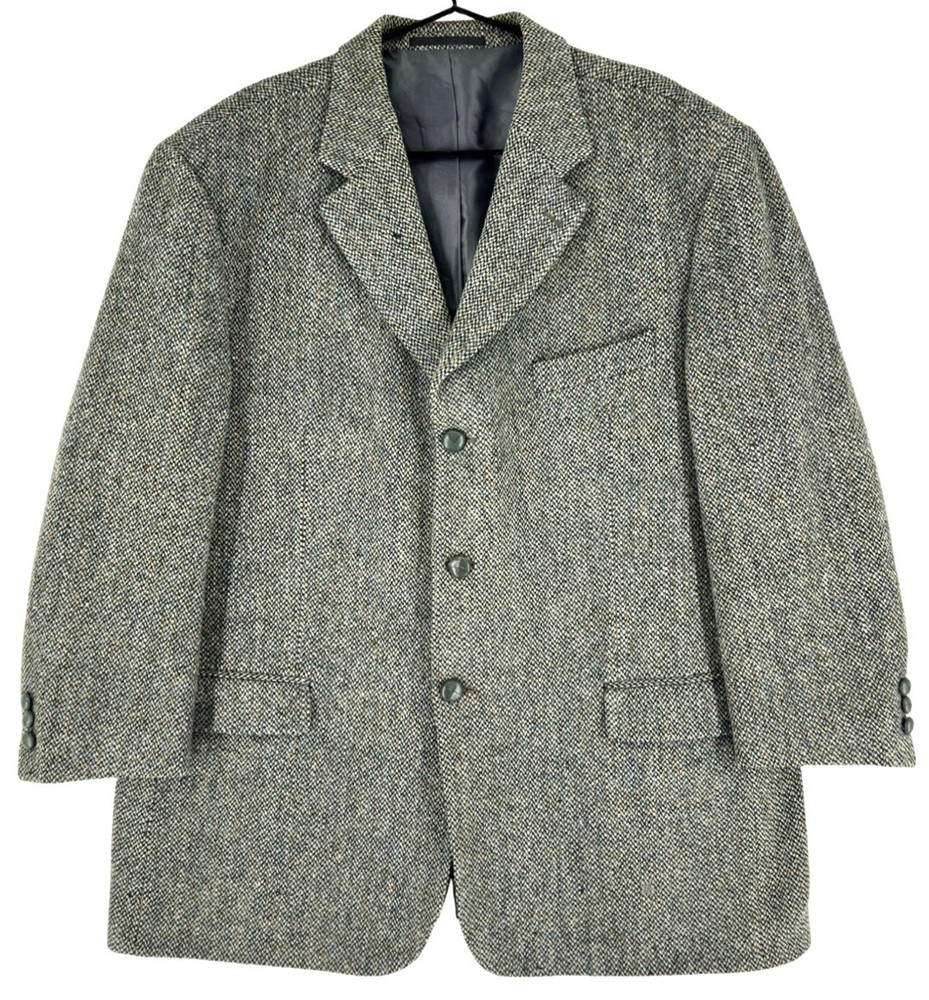 Vintage Harris Tweed Men Gray Handwoven Wool Blazer Size F58 D56