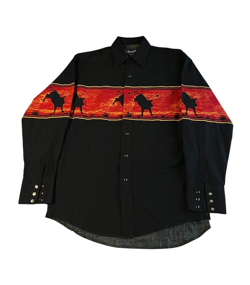 Vintage Wrangler Western Bull Shirt Men’s Medium Pearl Snap Cowboy Riding Rodeo