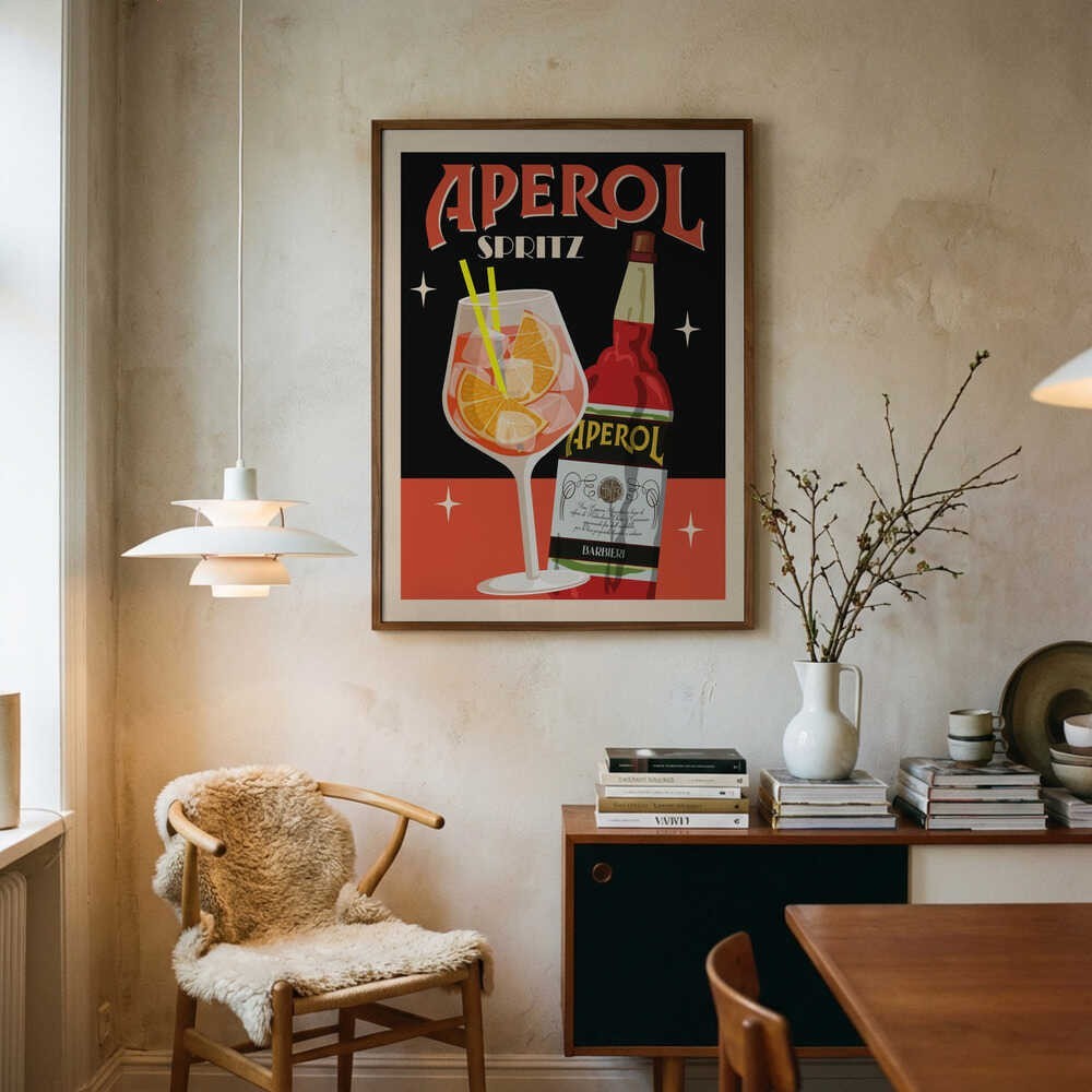 Aperol Spritz Poster – Black Minimalist Cocktail Wall Art, Chic Bar Cart Print