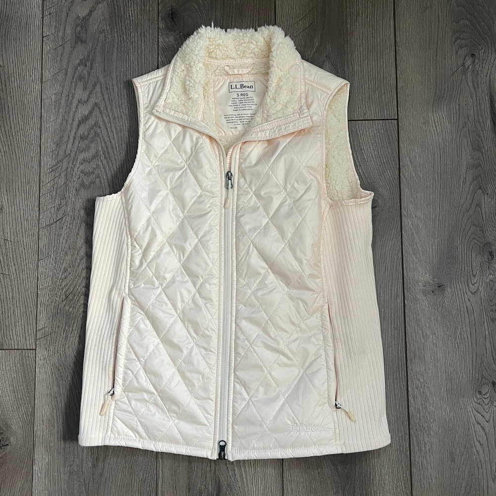 LL Bean Womens Small Regular Quilted Fleece Lined Full Zip Vest Cream Offwhite