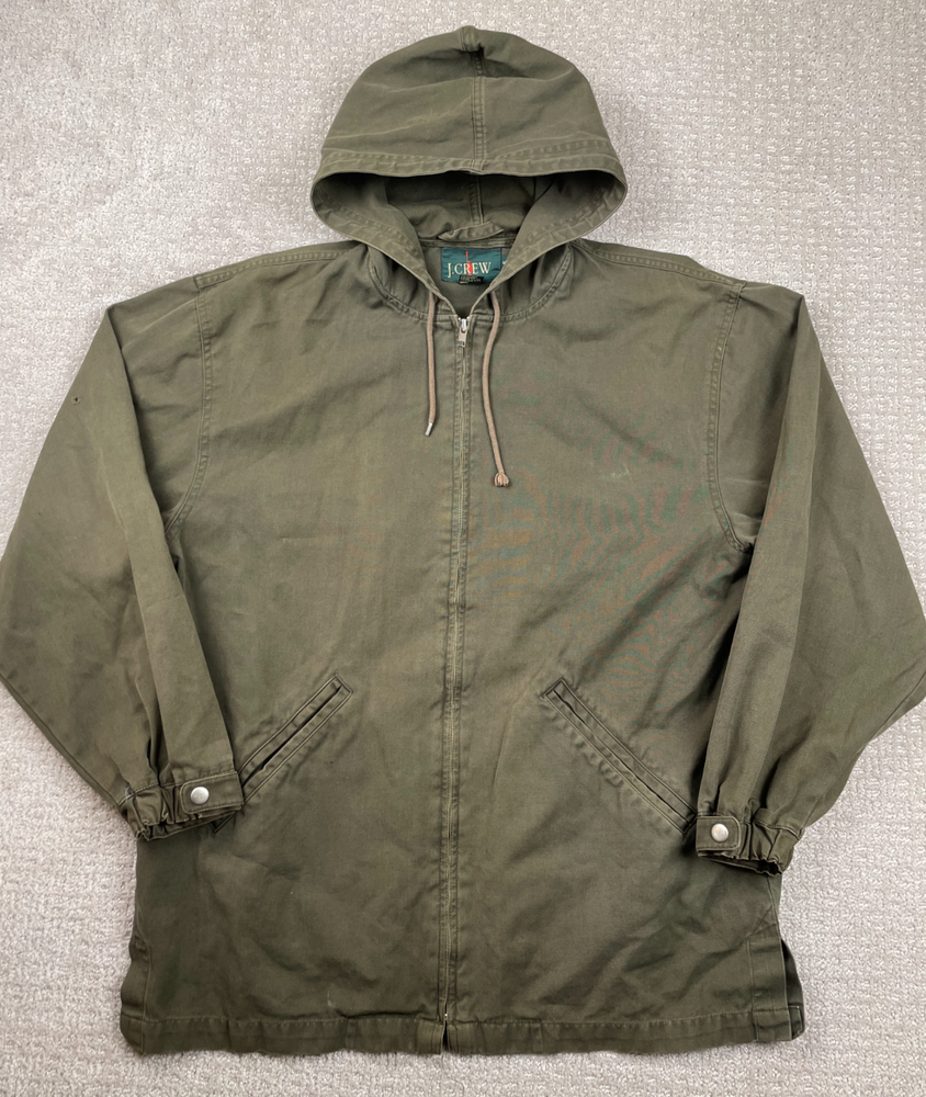 Vintage J Crew Jacket Mens S Green Canvas Full Zip Hooded Oarsman 90s Military