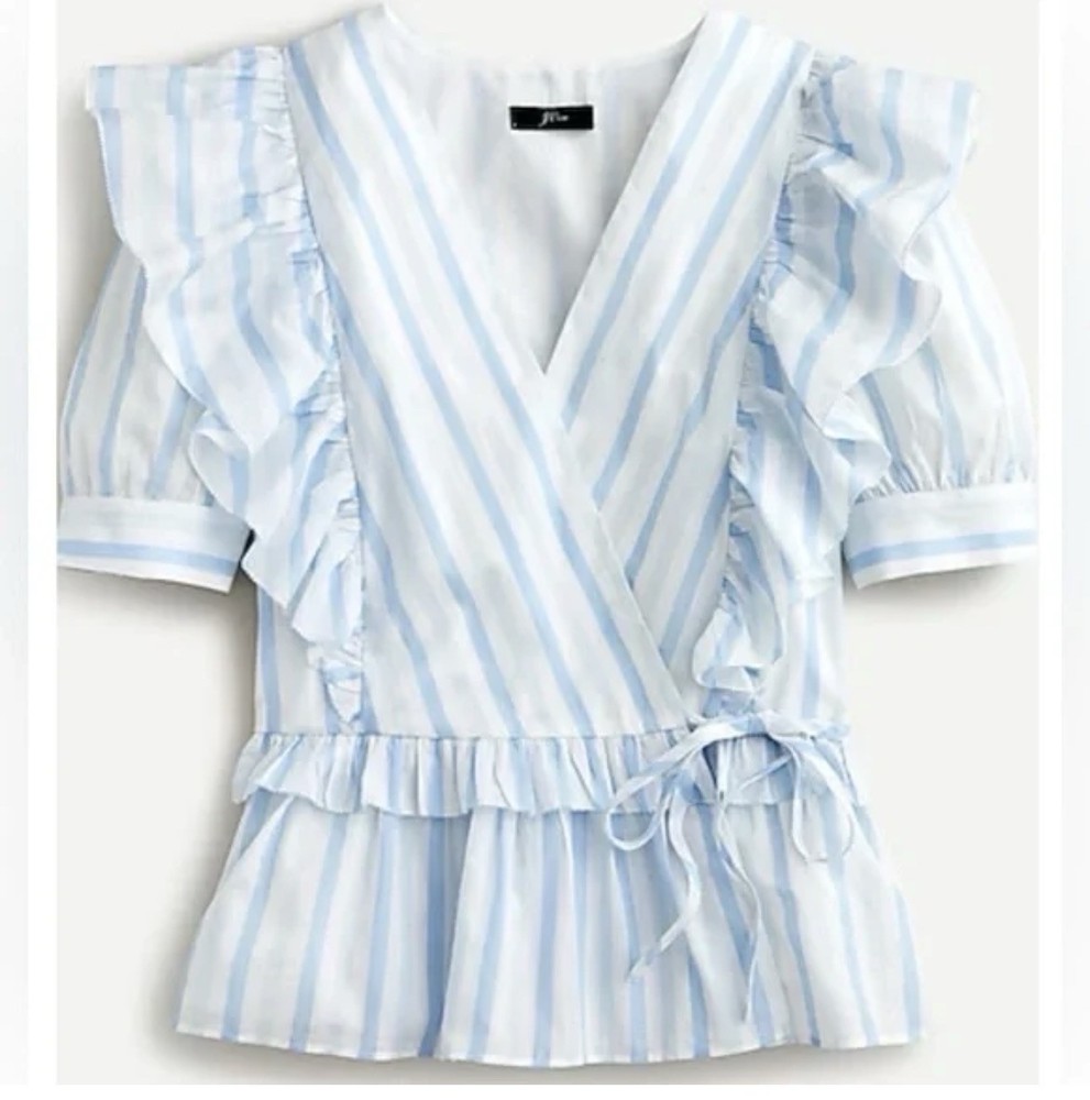 J Crew Womens S Blue White Wrap Top Blouse Stripe Ruffle Tie Cotton