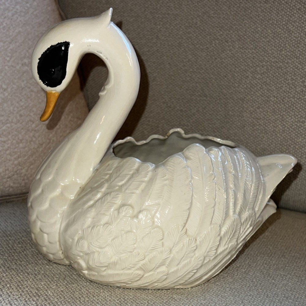 Vintage White Ceramic Swan Planter Glossy Indoor Decorative Collectible