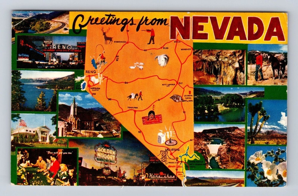 NV-Nevada, General Map Landmark Greetings, Antique, Vintage c1961 Postcard