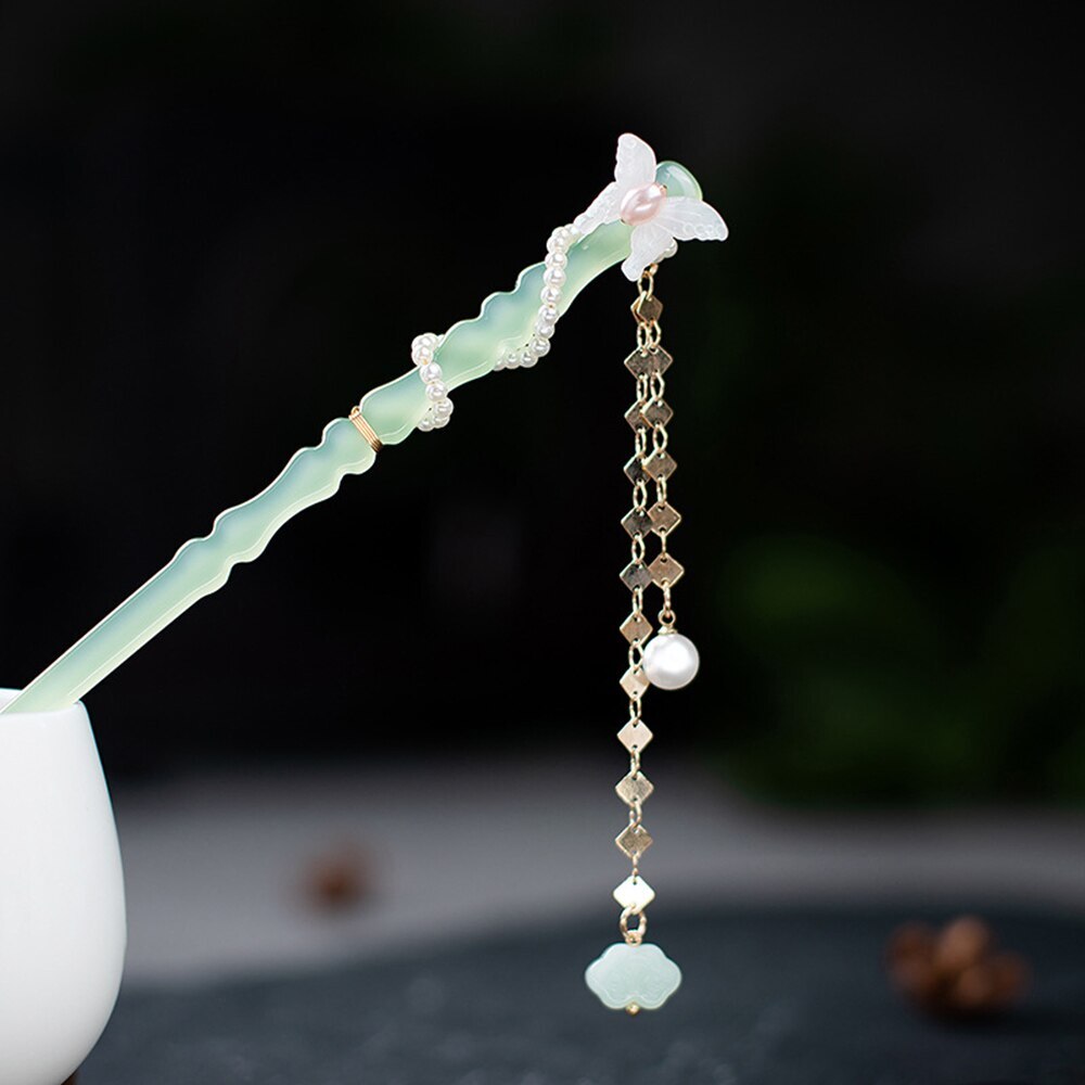 Tassel Bamboo  for Women Pearl Pendant Hair Clasp Forks Ancient Headpiece Gift