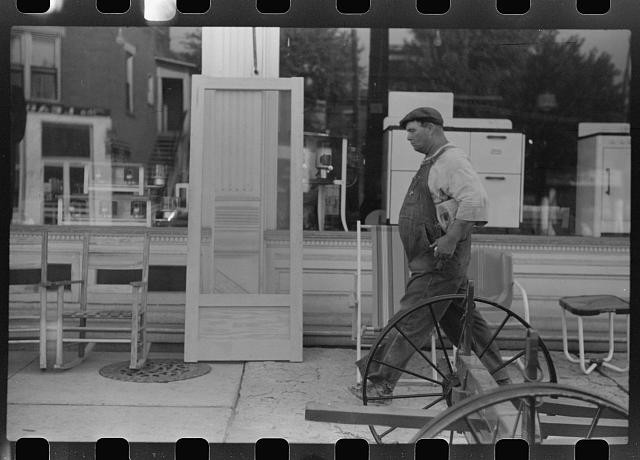 1930s Storefront Window Display Man Walking Rocking Chairs Lumberyard
