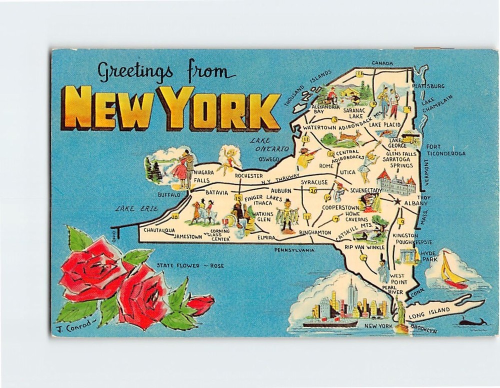 Postcard Map & Attractions Greetings from NY USA