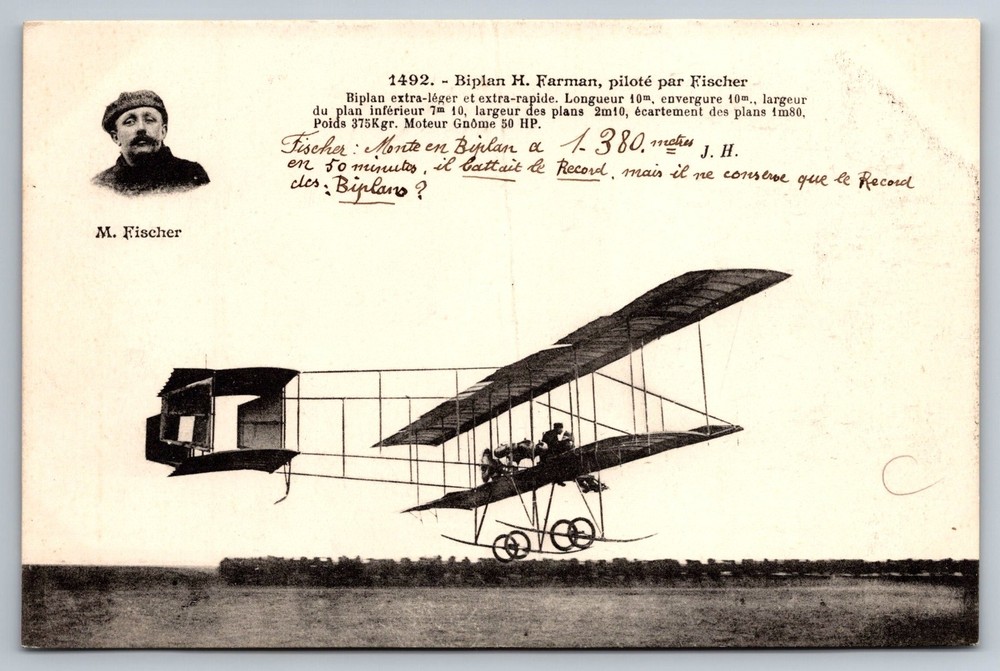 Postcard Airplane/Aeroplane/Biplane Farman M. Fischer Pilot