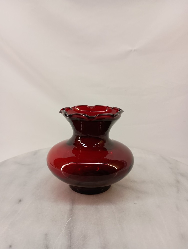 Anchor Hocking Ruby Red Glass Vase Ruffled Top 3 inches Tall W/ Sticker