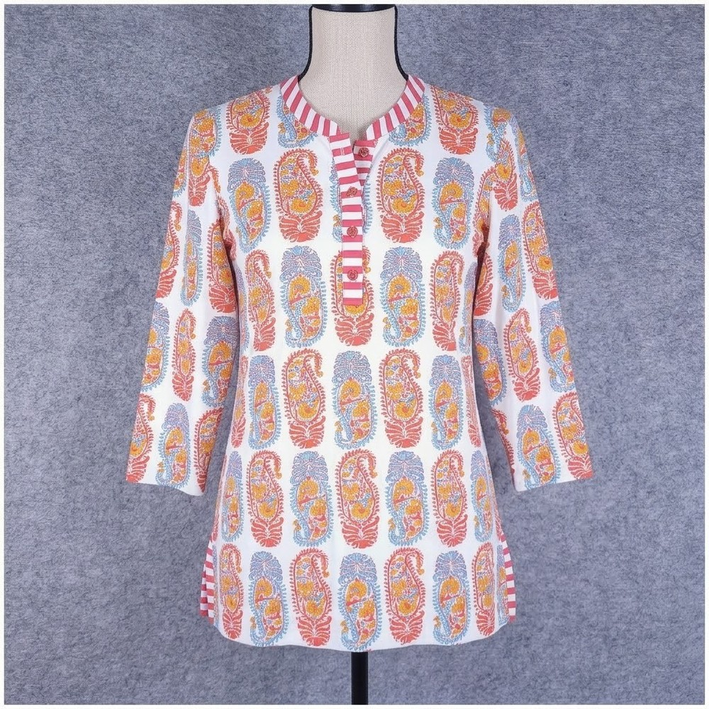 J McLaughlin Catalina Cloth Paisley Henley Tunic Medium Resort Stretch Top