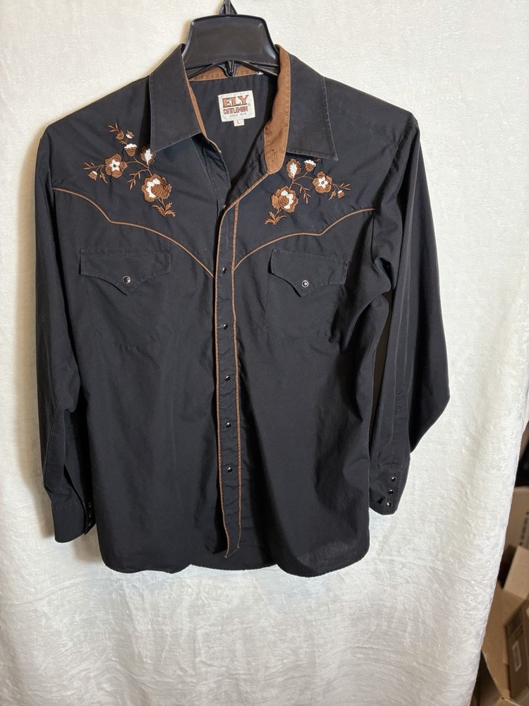 Ely Cattleman Western Shirt Mens L Embroidered Flowers Snap Button Long Sleeve