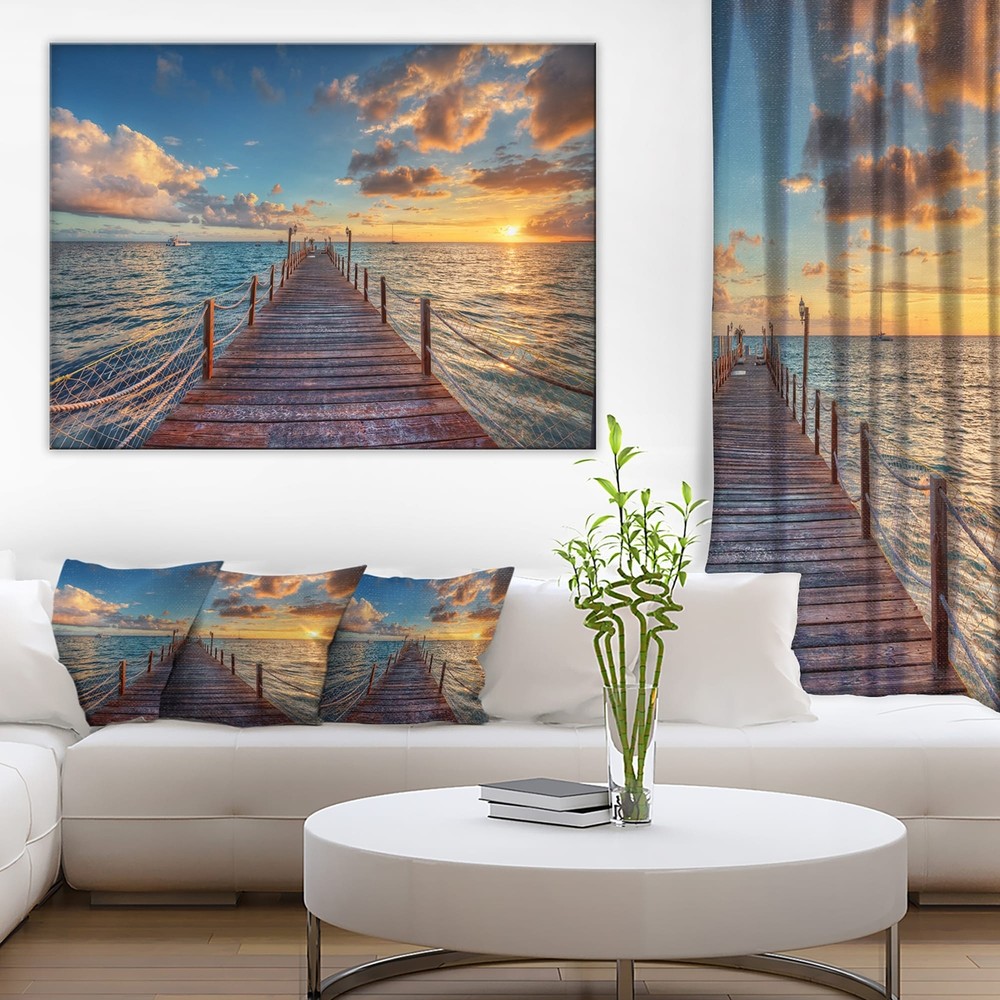 Brilliant Sunrise over Sea Pier' Modern Bridge Canvas Wall