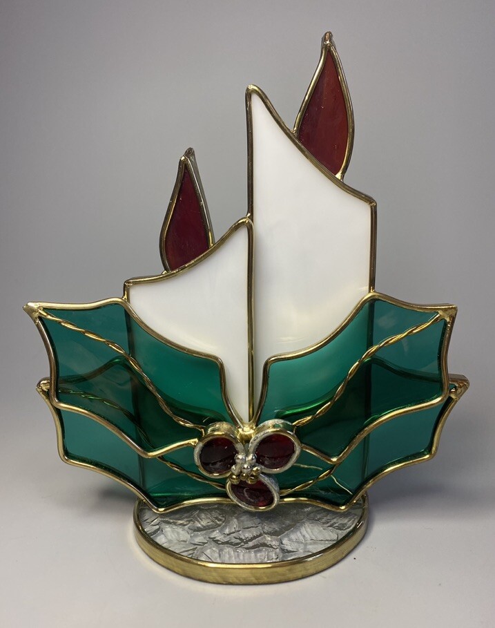 Vintage Christmas Leaded Stained Glass Candle Holder 2 Candles Holly Berries