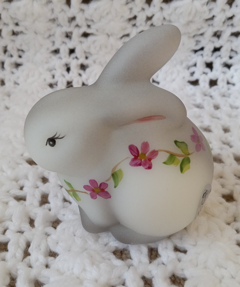 Fenton Art Glass Bunny Rabbit Hand-Painted Flowers Satin Glass Signed J. Peyton