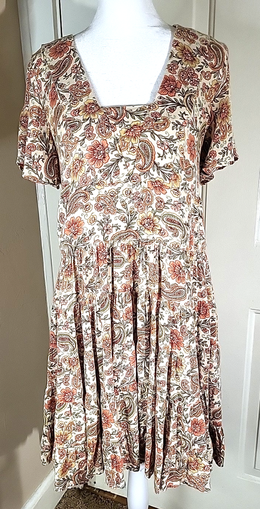 Patrons of Peace Tiered Boho Floral Babydoll Cottagecore Mini Dress Women's M