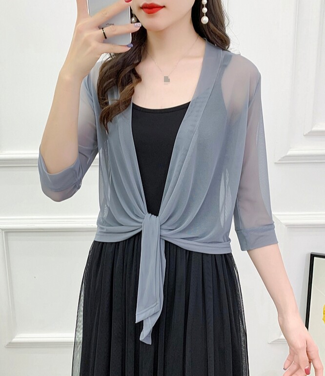 Spring Women 3/4 Sleeve Sheer Mesh Bolero Shrug Open Front Cardigan Top