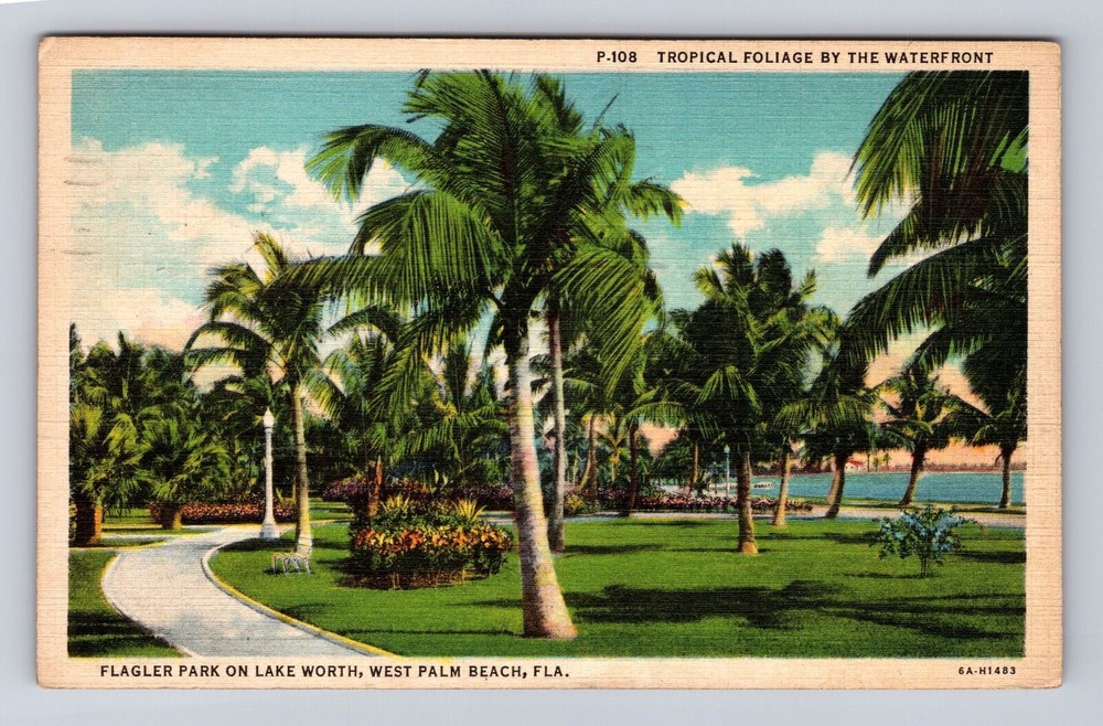 West Palm Beach FL-Florida, Flagler Park On Lake Worth, Vintage c1937 Postcard