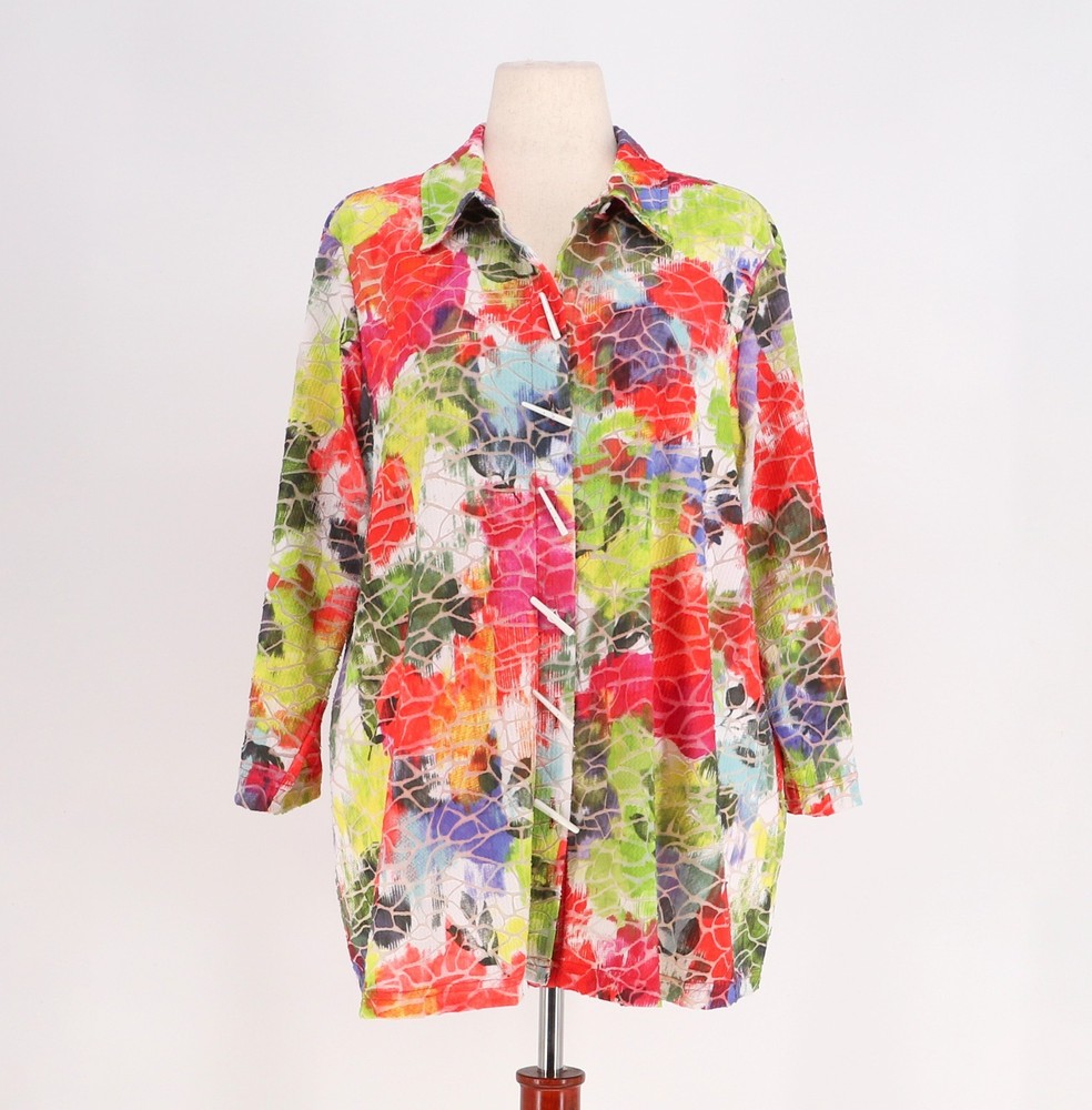 ALI MILES Abstract Floral Toggle Button Up Top Blouse 3/4 Sleeve Size 1X