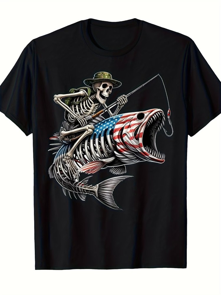 Short Sleeve Fishing American Flag Bass Fish Skull Skeleton Fisherman T-Shirt