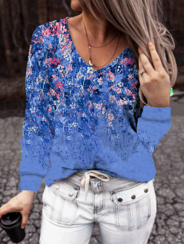 Womens Ladies V Neck Casual Floral Print Blouse Loose Tops T-Shirt Long Sleeve