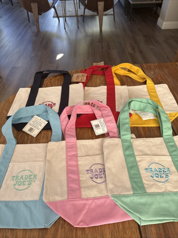 Trader Joe's Mini Canvas Reusable Tote bags, SET of 6 Basic and Pastel, NWT