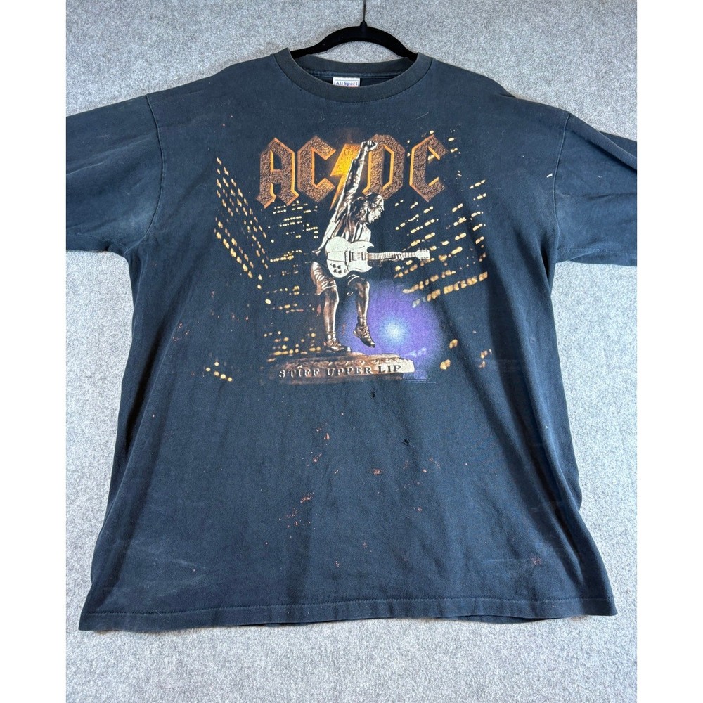 VINTAGE Y2K ACDC Mens T Shirt Black Stiff Upper Lip World Tour Concert Tee XL