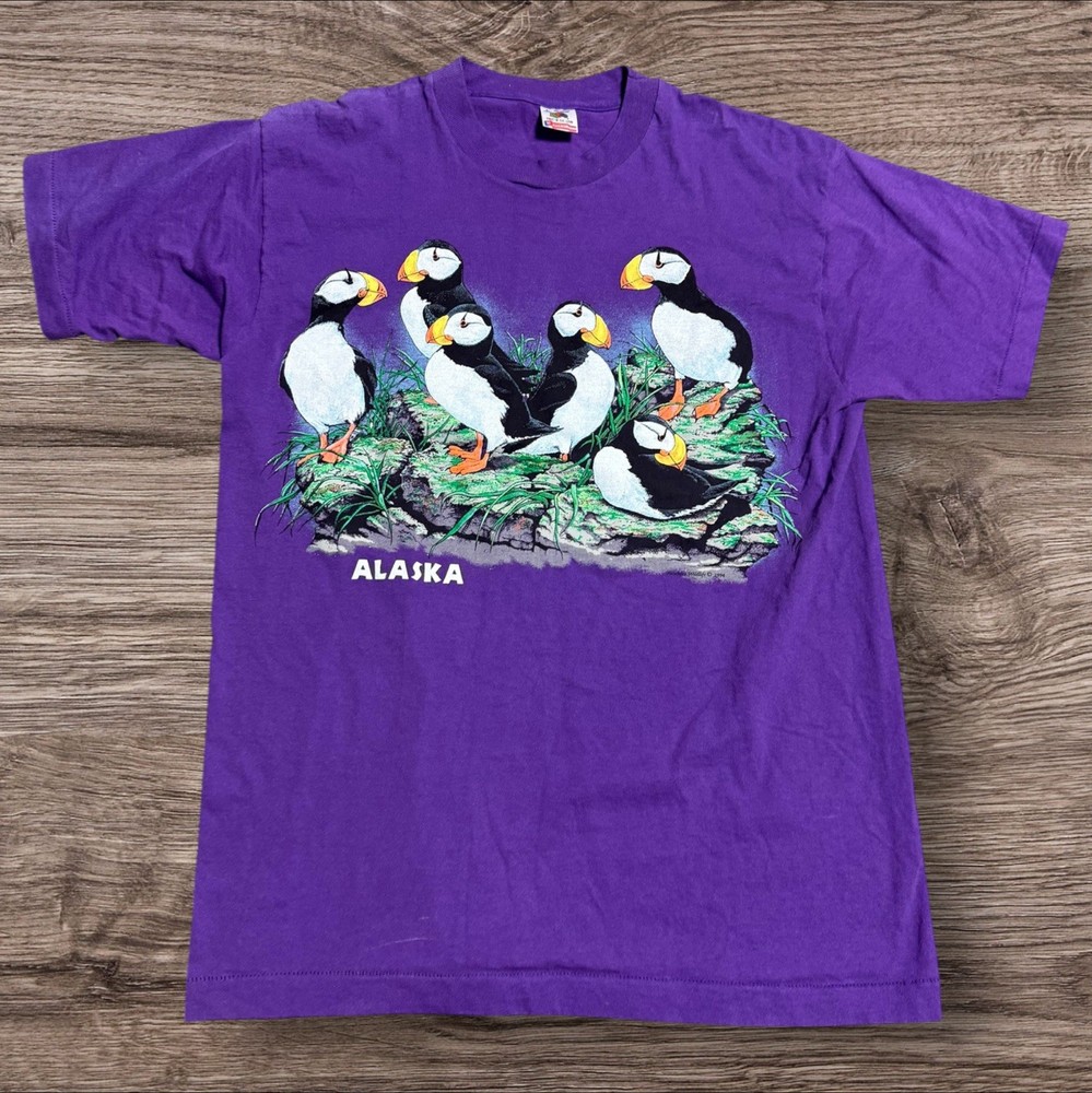 Vintage Alaska Puffins Purple Nature Shirt Men’s Large Single Stitch