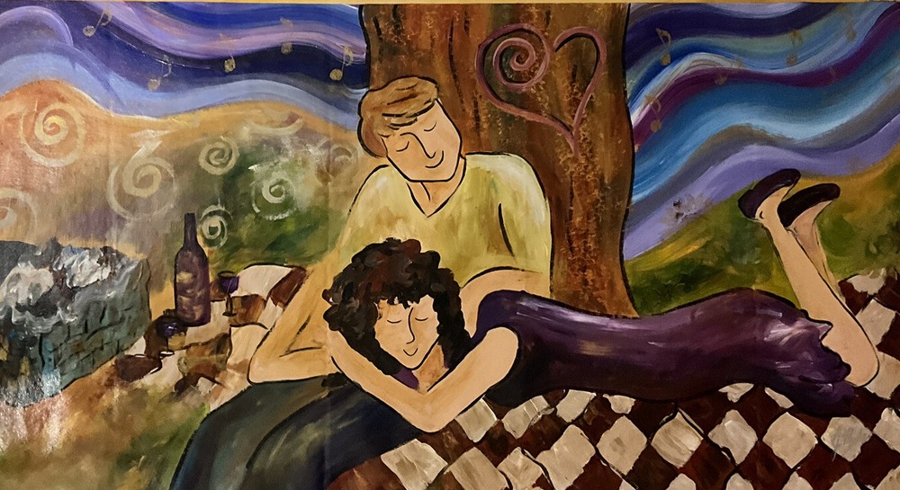 J. mark “THE PICNIC” original acrylic on canvas, 22X40 IN