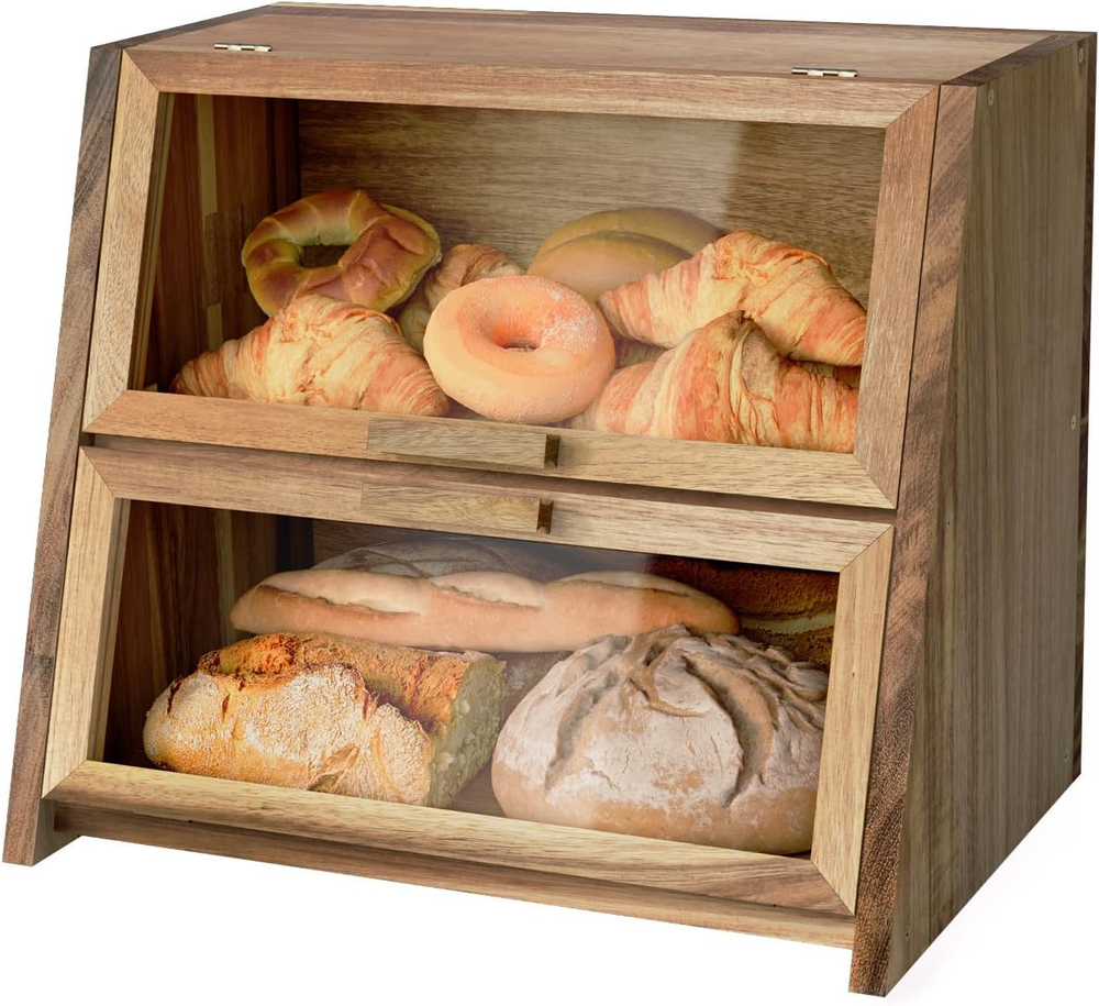 Acacia Wood Bread Box for Kitchen Countertop, Double Layer Natural Wooden Bread-image
