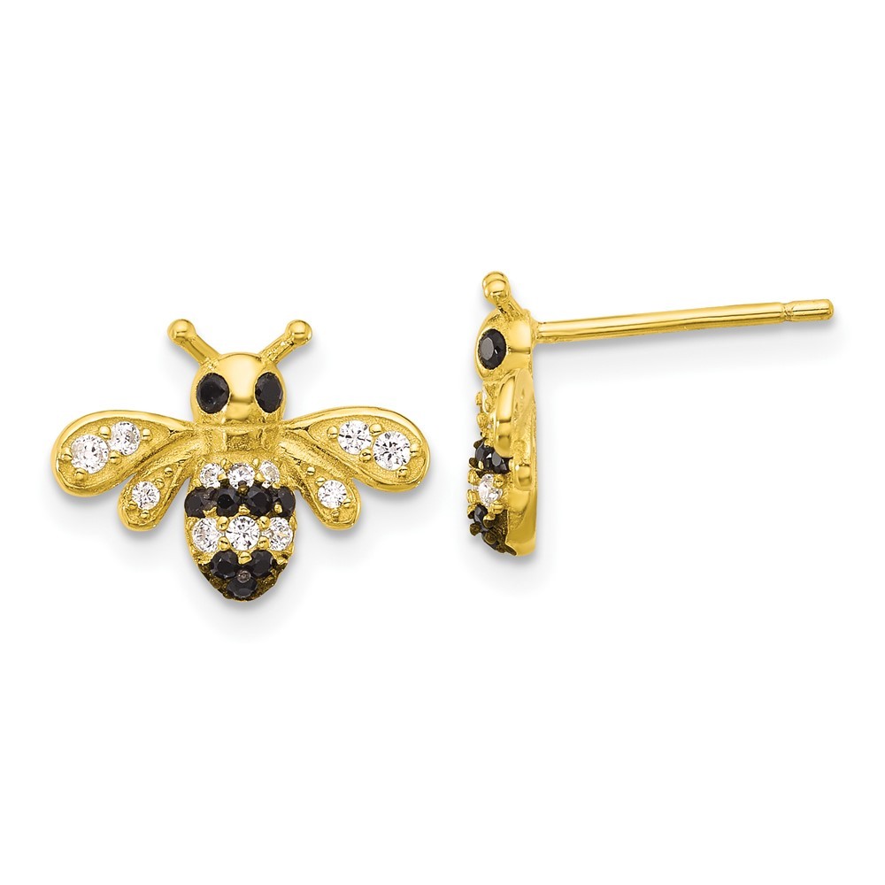 Sterling Silver Gold-Tone Bee Stud Earrings with Black & White CZ