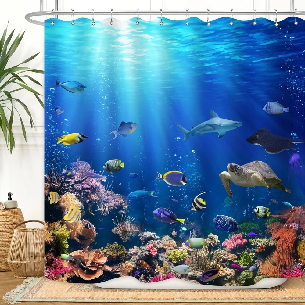 Ocean Underwater World Shower Curtain Colorful Tropical Fishes Turtle Coral i...